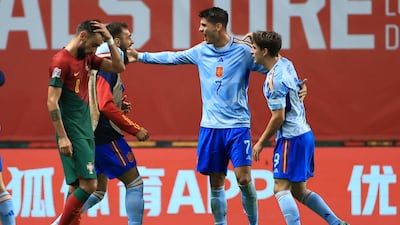 Alvaro Morata celebrates with teammates at the end of the Uefa Nations League match between Portugal and Spain at the Municipal Stadium in Braga, Portugal on September 27, 2022. AP
