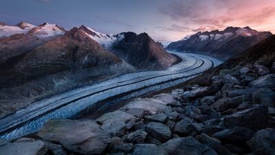 The Aletsch Glacier on Bettmerhorn mountain in the Swiss Alps.