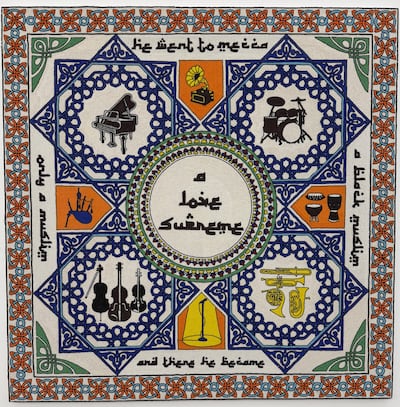 Supreme is a beads-on-canvas artwork by Sultan bin Fahad, currently displayed in Leila Heller Gallery as part of the Blue Note exhibition, in which the artist explores the links between jazz and Islam. Razmig Bedirian for The National.