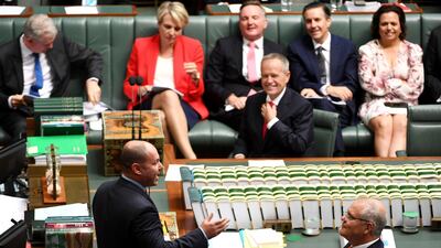 Treasurer Josh Frydenberg speaks as the Opposition leader Bill Shorten and the Prime Minister Scott Morrison listen during Question Time in the House of Representatives at Parliament House on April 04, 2019. Getty Images