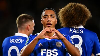 Youri Tielemans celebrates scoring Leicester's first goal agsainst Milton Keynes Dons at Stadium MK in the League Cup fourth round. Getty