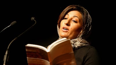 Emirati poet Nujoom Al Ghanem reading poetry at the Southbank Centre in London. Stephen Lock / The National