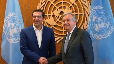 United Nations Secretary General Antonio Guterres (R) meets Greece's Prime Minister Alexis Tsipras. AFP