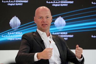 From tailored learning using artificial intelligence to virtually free transport, futurist Sebastian Thrun predicted the modern city would be a 'very different' place in just 10 years thanks to AI. Pawan Singh / The National
