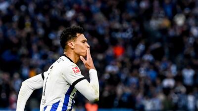 Hertha's Davie Selke celebrates after a second goal for the home side. EPA