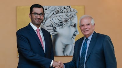Dr Sultan Al Jaber meets EU foreign affairs chief Josep Borrell in Munich. Photo: Office of the UAE Special Envoy For Climate Change