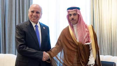 Iraq's Foreign Minister Fuad Hussein and Saudi Foreign Minister Prince Faisal bin Farhan in Jordan. Saudi Foreign Ministry