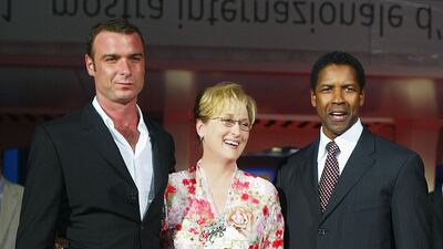 Liev Schreiber, Denzel Washington and Meryl Streep, in a floral blouse, attend 'The Manchurian Candidate' premiere at the 61st Venice Film Festival on September 2, 2004 in Venice, Italy. Getty Images