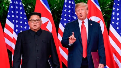 US President Donald Trump and North Korea leader Kim Jong-un in Singapore today. Susan Walsh / AFP
