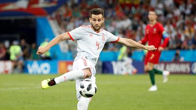 Spain's Nacho hits a wonderful half volley to score their third goal, moving his side into a 3-2 lead with half an hour to play. Francois Lenoir / Reuters