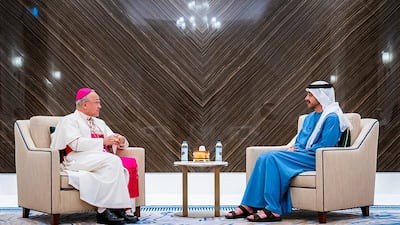 Sheikh Abdullah bin Zayed, Minister of Foreign Affairs and International Co-operation, meets with Archbishop Edgar Peña Parra. Photo: Office of the Minister of Foreign Affairs and International Co-operation