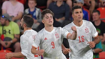 Gavi celebrates after scoring for Spain against Czech Republic in the Nations League match at the Sinobo Stadium in Prague, on June 5, 2022. AFP