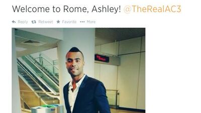 AS Roma's tweet welcoming Ashley Cole to Rome on Monday. Photo by AS Roma / July 7, 2014