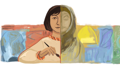 The Google Doodle on April 23, 2022, pays tribute to the Baghdadiya artist, in her own painting style. Photo: Google