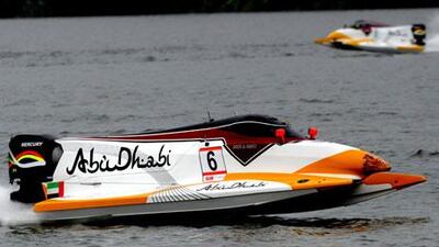 Ahmed Al Hameli, in the foreground, leads Team Abu Dhabi teammate Thani Al Qamzi on the Liu River in China, but the pair would change places further in the race for Al Qamzi to trail by just 12 points in the Championship.