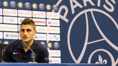 Paris Saint Germain's Italian midfielder Marco Verratti attends a press conference during team's winter training camp in the Qatari capital Doha on December 29, 2015, one day ahead of their friendly football match with Inter Milan. AFP PHOTO / KARIM JAAFAR