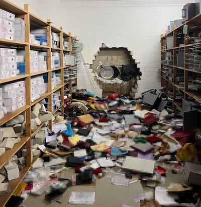 A hole in a wall of the vault of a Sparkasse bank branch in Gelsenkirchen, Germany, after thieves broke in on December 30, 2025. AFP