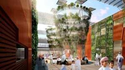 A computer generated image of the eco-courtyard in a school designed by Broadway Malayan for the Abu Dhabi Education Council.
