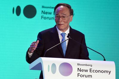 Chinese Vice President Wang Qishan speaks during the Bloomberg New Economy Forum in Singapore. AFP Photo