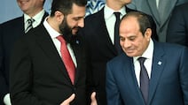Syria's President Ahmad Al Shara, left, talks to Egypt's President Abdel Fattah El Sisi at a European Council meeting in Cyprus. AFP