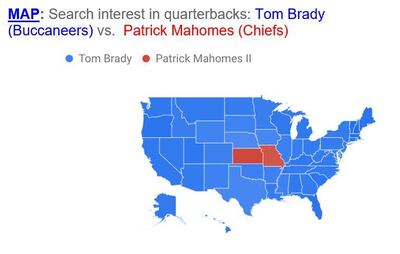 Search interest in quarterbacks: Tom Brady (Tampa Bay Buccaneers) versus Patrick Mahomes (Kansas City Chiefs). Courtesy Google Trends