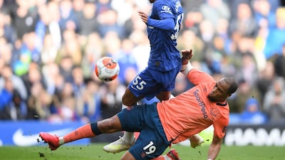 Tino Anjorin of Chelsea is tackled by Djibril Sidibe of Everton during their Premier in March. Getty Images