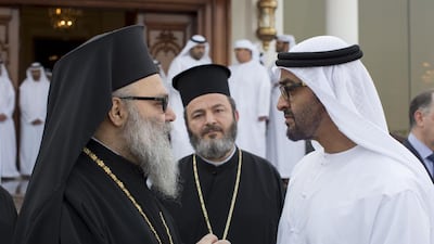 Sheikh Mohammed bin Zayed, Crown Prince of Abu Dhabi and Deputy Supreme Commander of the Armed Forces, bids farewell to John X Al Yazigi, the Greek Orthodox Patriarch of Antioch and all of the East.