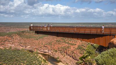 The new Kalbarri Skywalk hangs over the edge of a ravine, offering startling views of a dramatic landscape. Photo: Ronan O'Connell