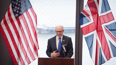 Robert 'Woody' Johnson, US Ambassador to the UK, speaks at the unveiling of the embassy building in Nine Elms in December 2017. Getty Images