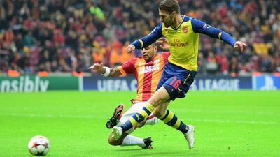 Aaron Ramsey of Arsenal scores one of his two goals against Galatasaray on Tuesday night in the Champions League. Jamie McDonald / Getty Images / December 9, 2014