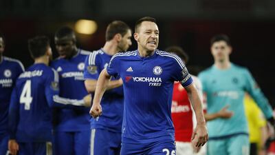 Chelsea’s John Terry celebrates the team’s victory on Sunday night over Arsenal at the Emirates Stadium. John Sibley / Action Images / Reuters