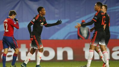 Anthony martial celebrates with Chris Smalling after scoring against CSKA Moscow in the Champions League on Wednesday night. Andrew Boyers / Action Images / Reuters / October 21, 2015