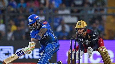 Mumbai Indians' Suryakumar Yadav on his way to smashing 83 runs off 35 balls in his side's six-wicket IPL victory over Royal Challengers Bangalore at the Wankhede Stadium in Mumbai on May 9, 2023. AFP