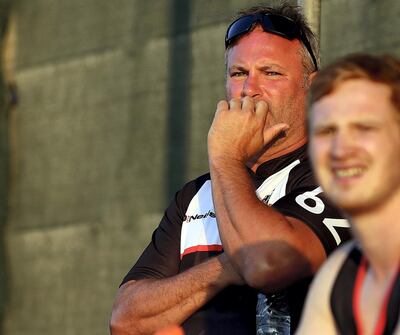 Dubai Exiles head coach Jacques Benade, left, is unhappy with the second yellow card given to Jaen Botes. Satish Kumar for the National