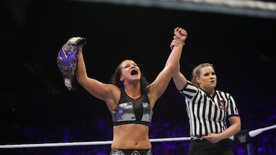 Shayna Baszler celebrates her NXT Women's title success at WWE Evolution on Sunay in New York. Image courtesy of WWE