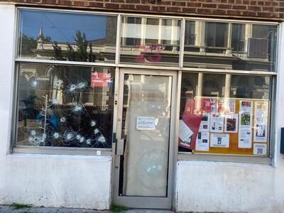 The damage caused by a vandal to Labour candidate Stella Creasy's office along Orford Road, Walthamstow, in the early hours of Sunday. PA Wire