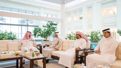 President Sheikh Mohamed, Sheikh Tahnoun bin Zayed, National Security Adviser, and Sheikh Mansour bin Zayed, Deputy Prime Minister and Minister of the Presidential Court, meet Prince Khalid (L) in Abu Dhabi.