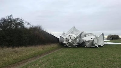 The collapsed airship Airlander 10 is seen in Bedfordshire, Britain. Rob Fletcher / via Reuters