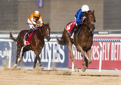 Divine Image, right, is aiming to become the second filly to win the UAE Derby. Erika Rasmussen for The National