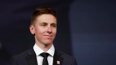 Tadej Pogacar on stage during the presentation of the 2022 Tour de France. EPA