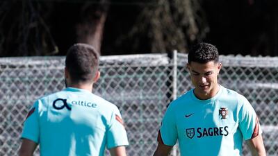Joao Moutinho and Cristiano Ronaldo train in Almancil, Faro. EPA