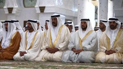 From right, Sheikh Ahmed bin Saif, Sheikh Saeed bin Mohammed, Sheikh Mohamed bin Butti, Sheikh Suroor bin Mohamed and Sheikh Saif bin Mohammed. Hamad Al Kaabi / Crown Prince Court - Abu Dhabi