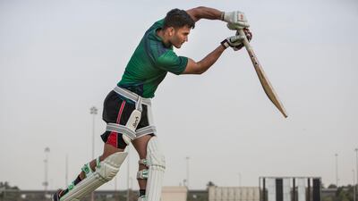 Young cricketer Shivank Vijaykumar practising at the Zayed Cricket Stadium. Antonie Robertson / The National