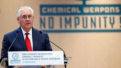 US secretary of state Rex Tillerson delivers a speech during a meeting on the International Partnership against Impunity for the Use of Chemical Weapons, in Paris, France, 23 January 2018. Ian Langsdon / EPA