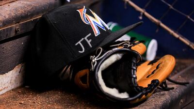 Miami Marlins players decorated their hats in honour of the late Jose Fernandez. Rob Foldy/Getty Images