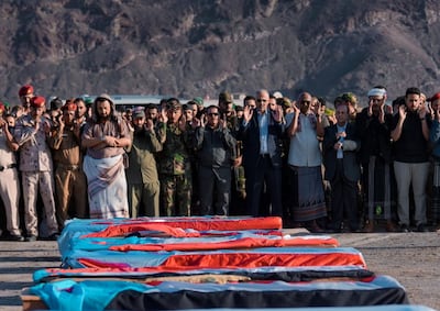 Funeral prayer for fighters killed in battles against other anti-Houthi forces in south Yemen. Photo: STC