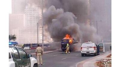 A reader expresses concern for the passengers of a shuttle bus that caught fire in Dubai. Witnesses said nobody was hurt in the fire, which was extinguished by emergency services personnel. The National / courtesy Bryanne Tait
