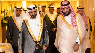 An aid package for Jordan totalling $2.5 billion has been agreed between the country and the UAE, Saudi Arabia and Kuwait at a summit in Makkah. Seen here is Sheikh Mohammed bin Rashid with Saudi Arabia's Crown Prince Mohammed bin Salman. Saudi Press Agency