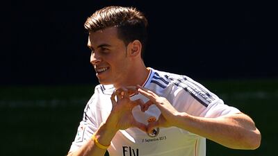 I heart Madrid. Gareth Bale is presented as the latest Galactico to Real Madrid fans following his world record transfer from Tottenham Hotspur. The Welsh winger was acquired for a whopping €100 million (Dh485.2m). Gerard Julien / AFP Photo