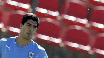 Uruguay's Luis Suarez attends a training session on Sunday ahead of his side's Thursday match with England at the 2014 World Cup. Sergio Perez / Reuters / June 15, 2014